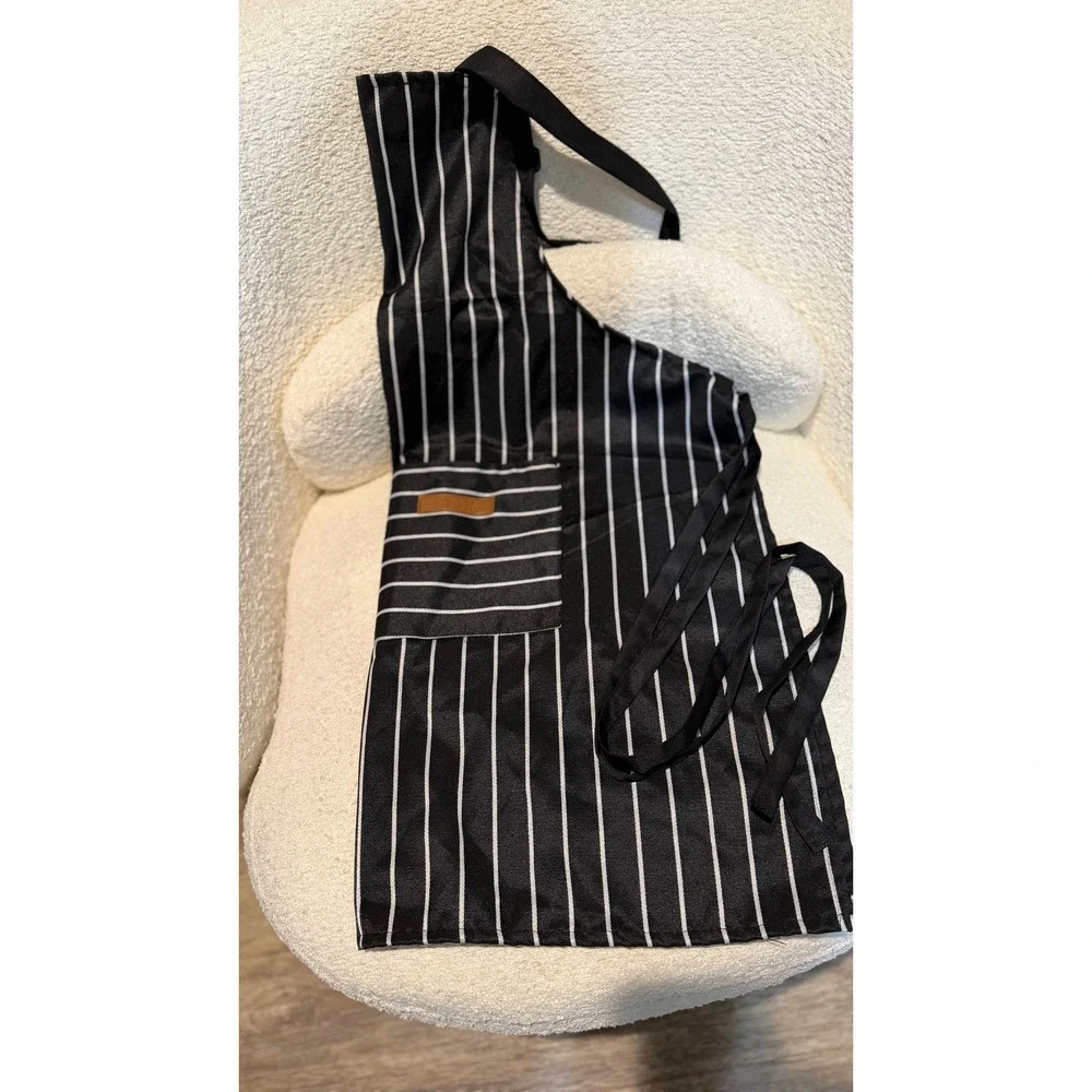 Set of 2 Pinstripe Bib Aprons Black and Tan Adjustable Neck with Pocket